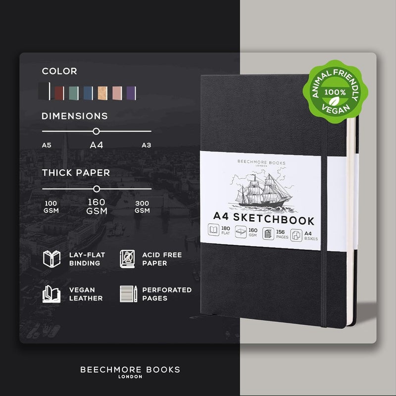Beechmore Books A4 Sketchbook – 8.5x11 Premium Vegan Leather Bound Large Sketch Book Hardcover with 156 Thick 160gsm Perforated Ivory Pages, Blank Sketch Pad, Gift Boxed, Back Pocket, Ribbon Bookmark - Image 2